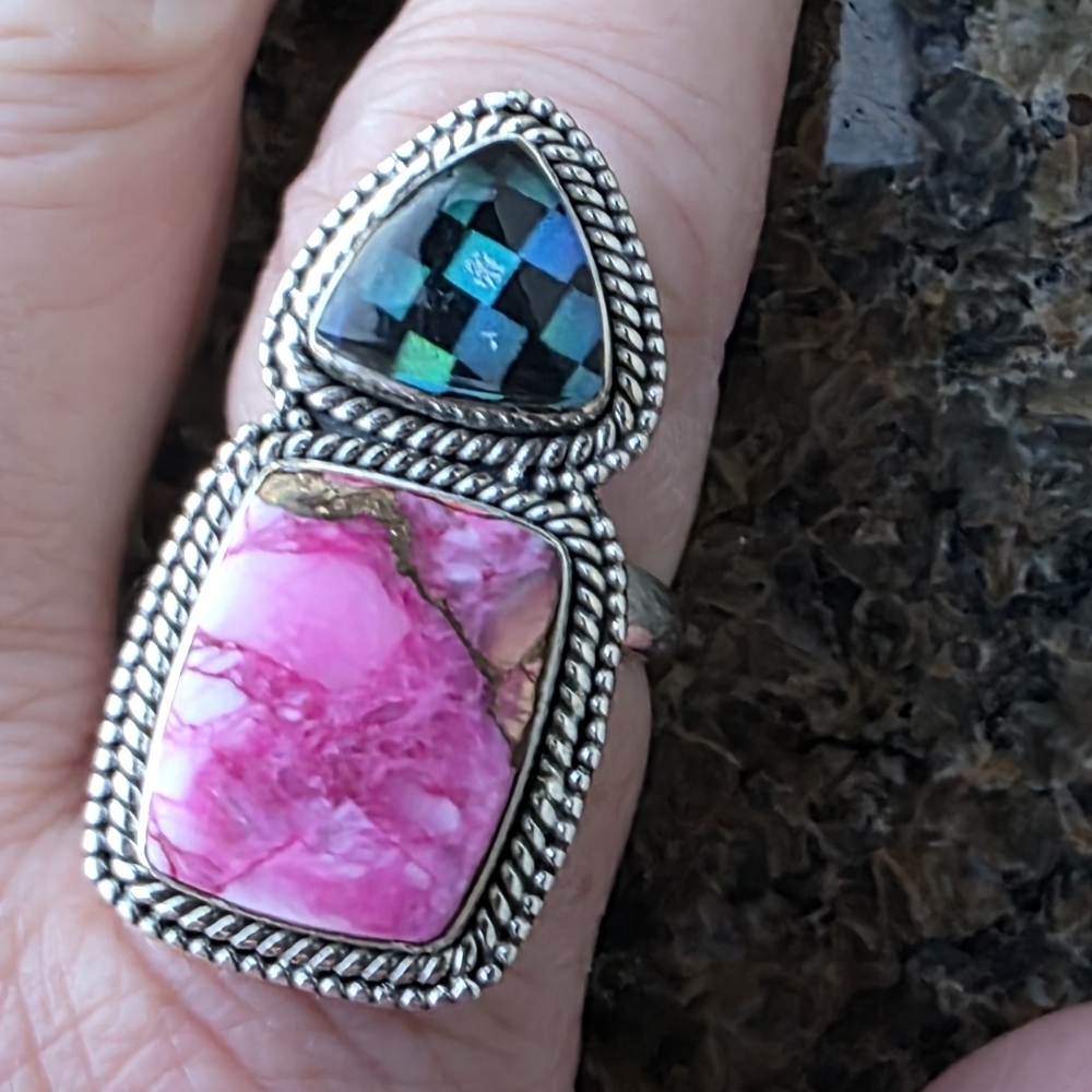 Pink Dahlia Turquoise & Checkerboard Opal in 925 Sterling Silver (Adjustable)